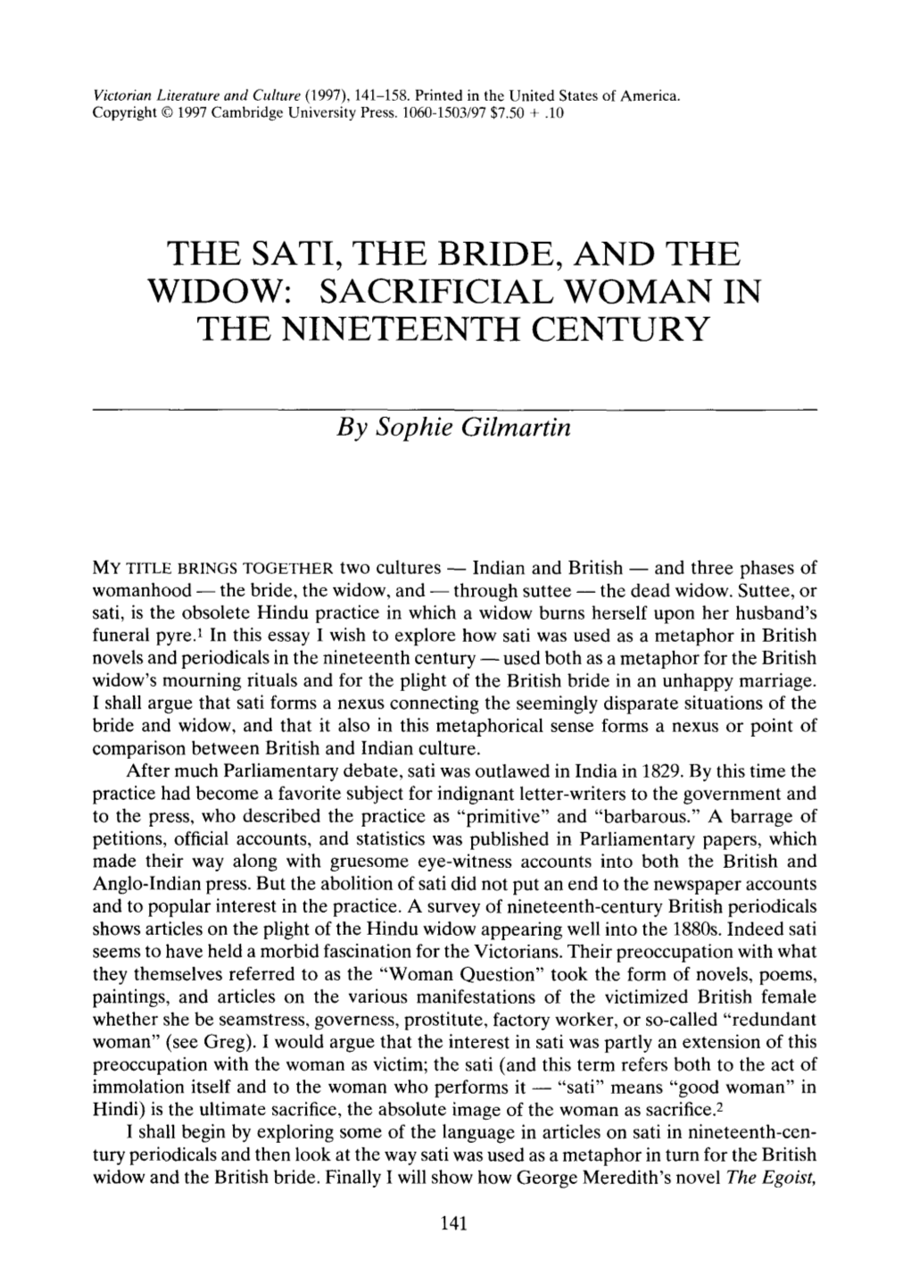 The Sati, the Bride, and the Widow: Sacrificial Woman in the Nineteenth Century