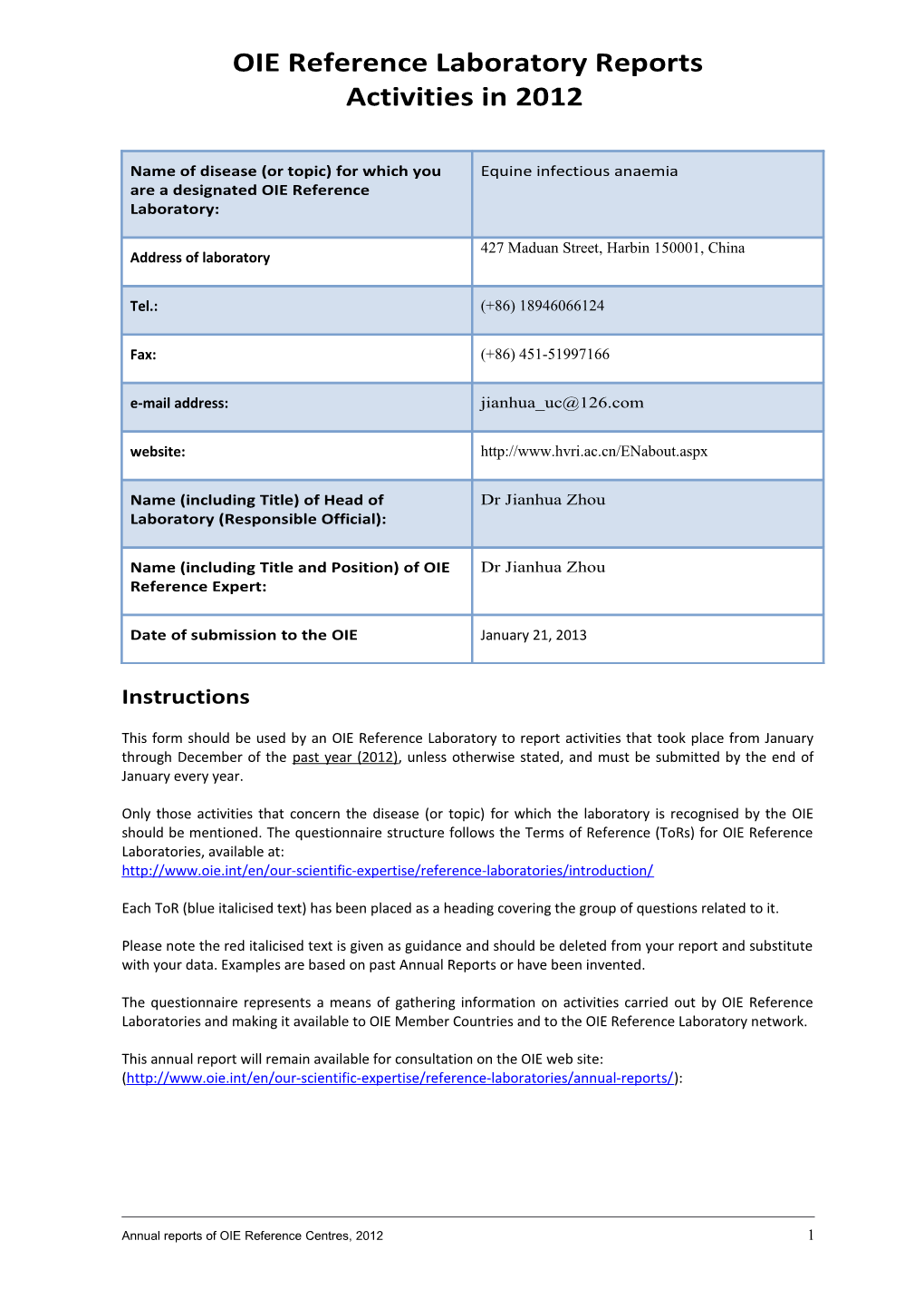 OIE RL for Equine Infectious Anaemia Jianhua Zhou China