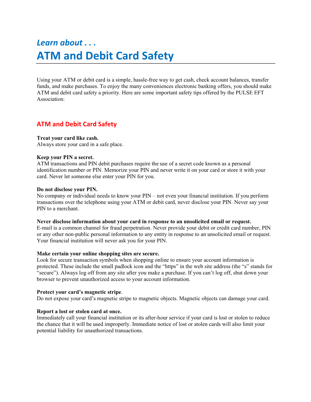 ATM and Debit Card Safety