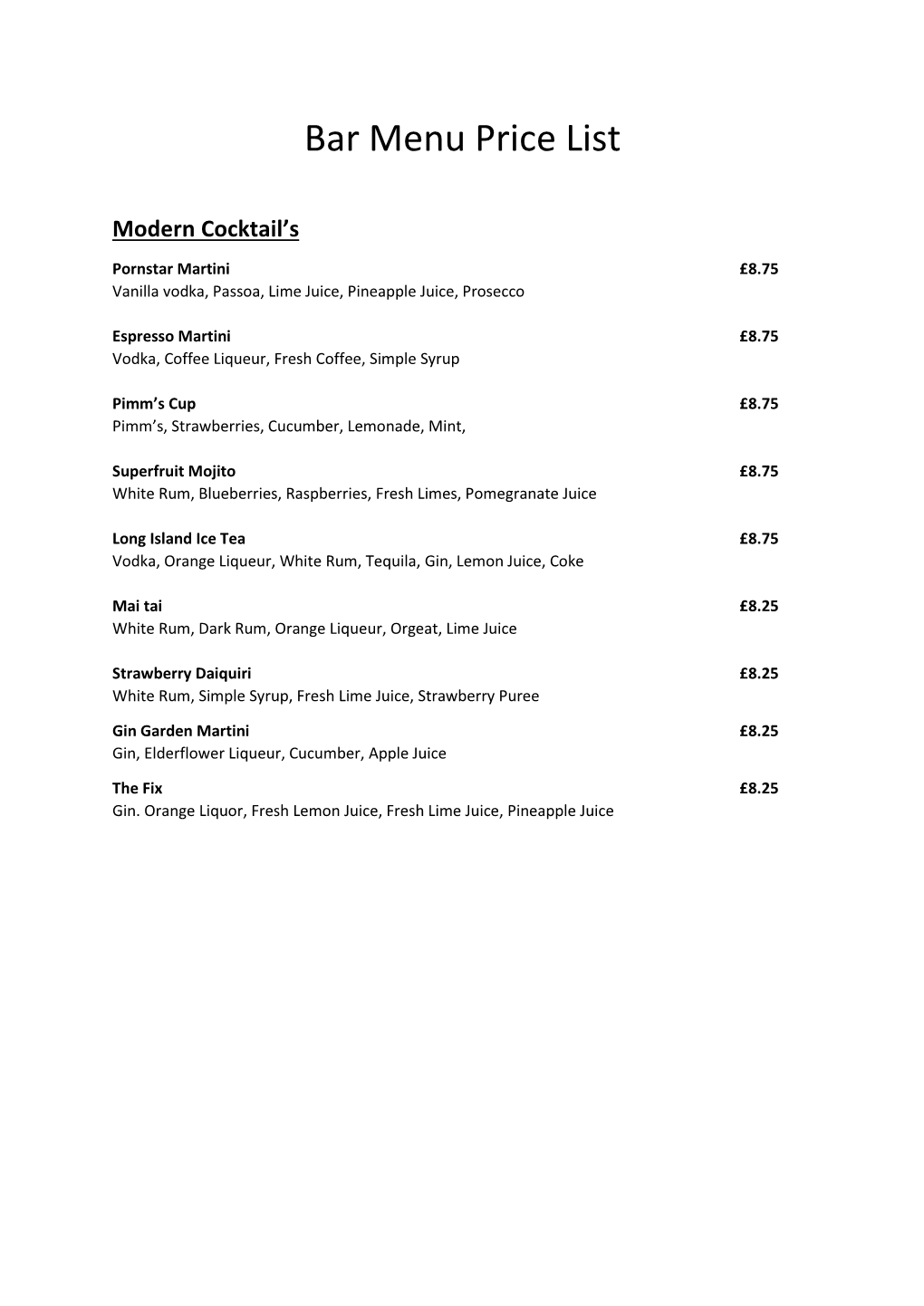 Bar Menu Price List