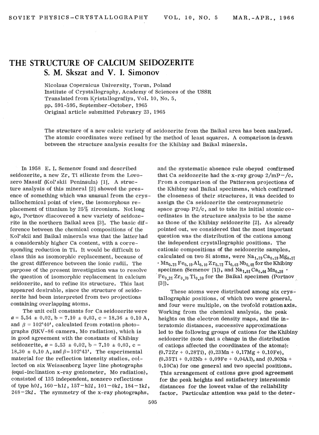 THE STRUCTURE of CALCIUM SEIDOZERITE S. M. Skszat and V. I. Simonov