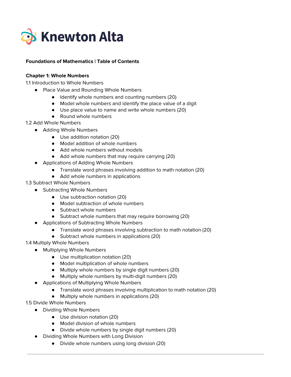 Table of Contents Chapter 1: Whole Numbers 1.1 Introduction