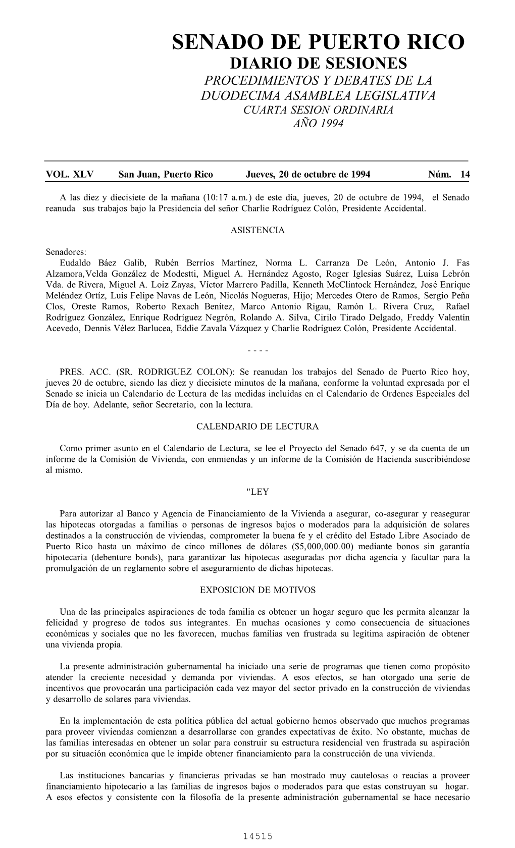 Senado De Puerto Rico Diario De Sesiones Procedimientos Y Debates De La Duodecima Asamblea Legislativa Cuarta Sesion Ordinaria Año 1994