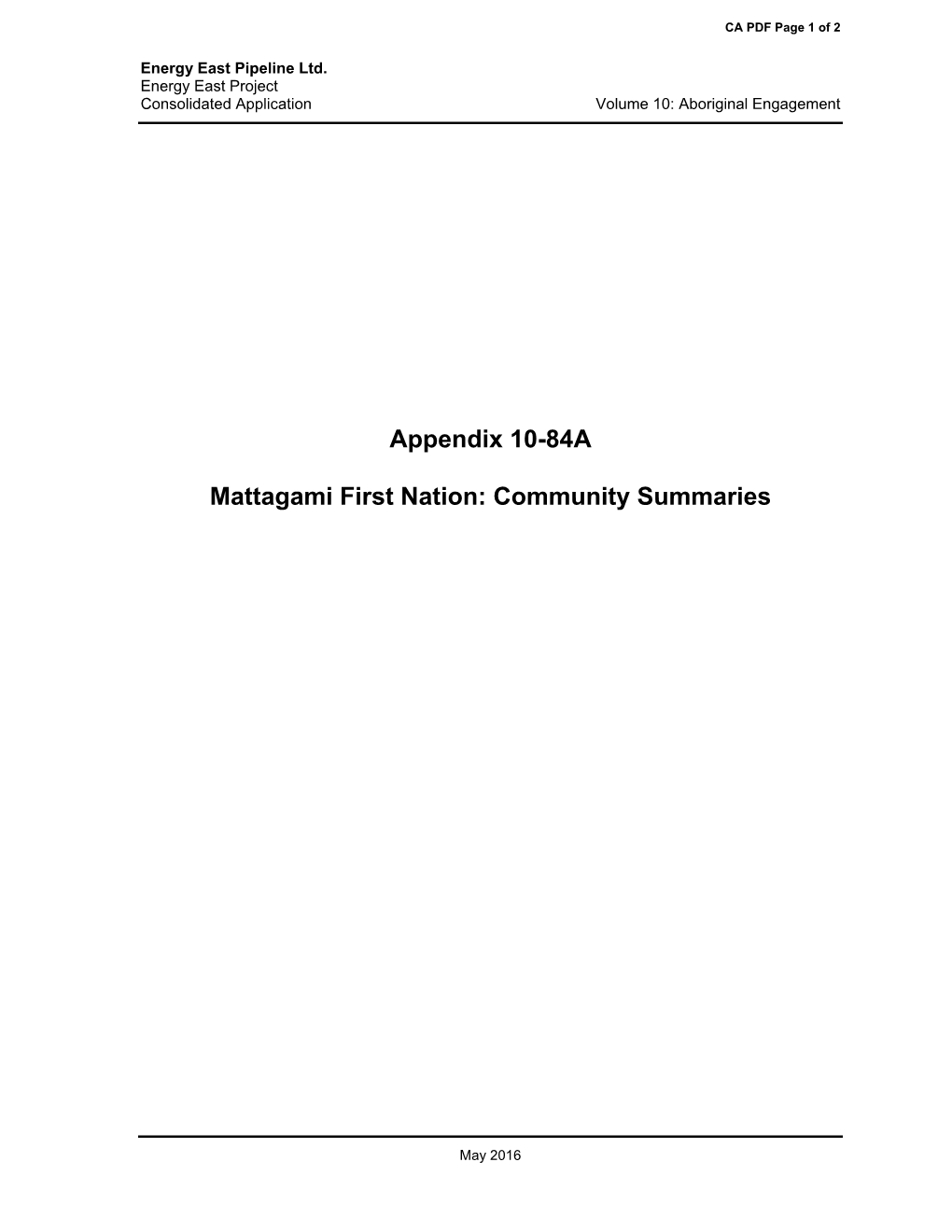 Appendix 10-84A Mattagami First Nation: Community Summaries