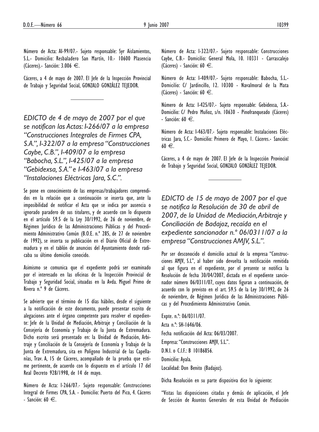 EDICTO De 4 De Mayo De 2007 Por El Que Se Notifican Las Actas: I-266/07 a La Empresa “Construcciones Integrales De Firmes CPA