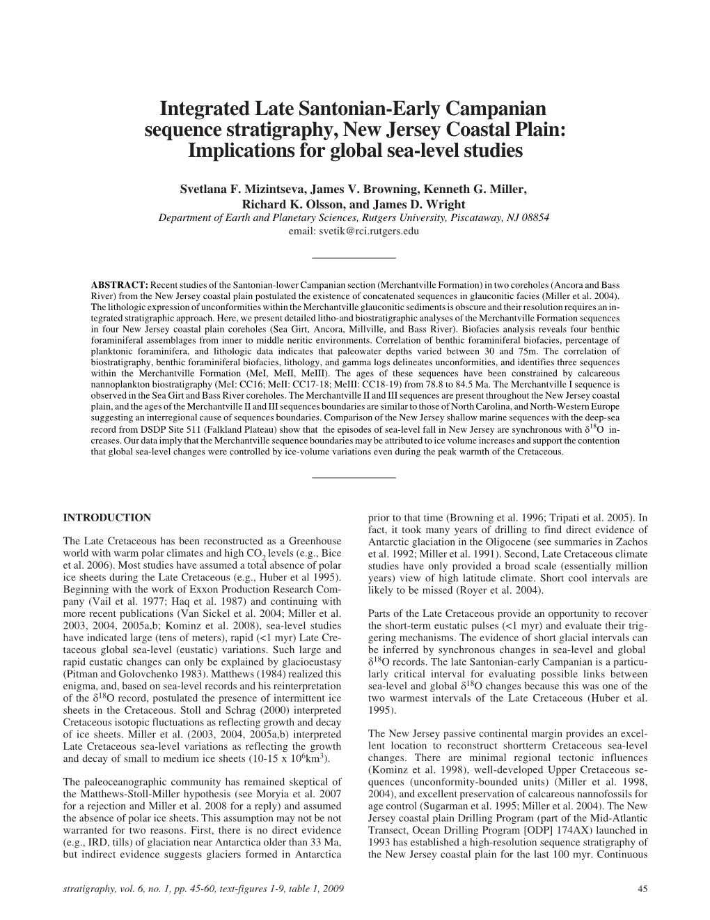 Integrated Late Santonian-Early Campanian Sequence Stratigraphy, New Jersey Coastal Plain: Implications for Global Sea-Level Studies