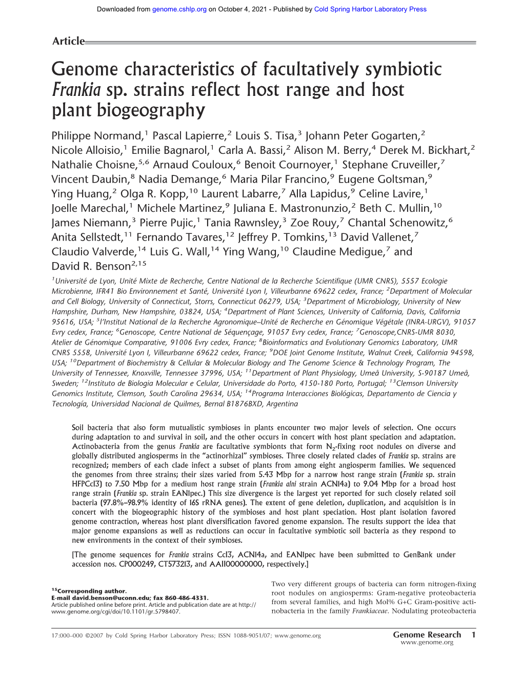 Genome Characteristics of Facultatively Symbiotic Frankia Sp. Strains Reflect Host Range and Host Plant Biogeography