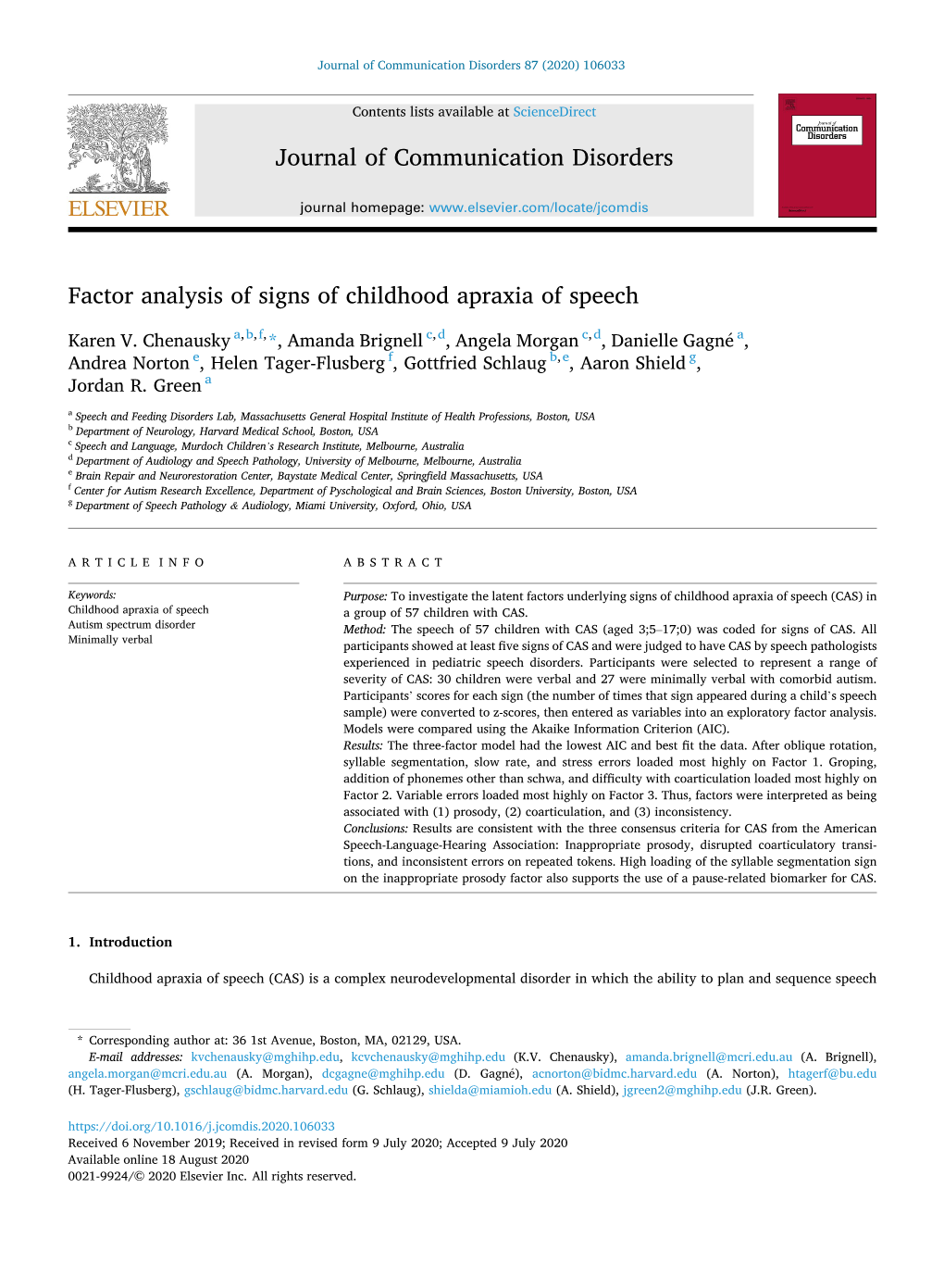 Factor Analysis of Signs of Childhood Apraxia of Speech