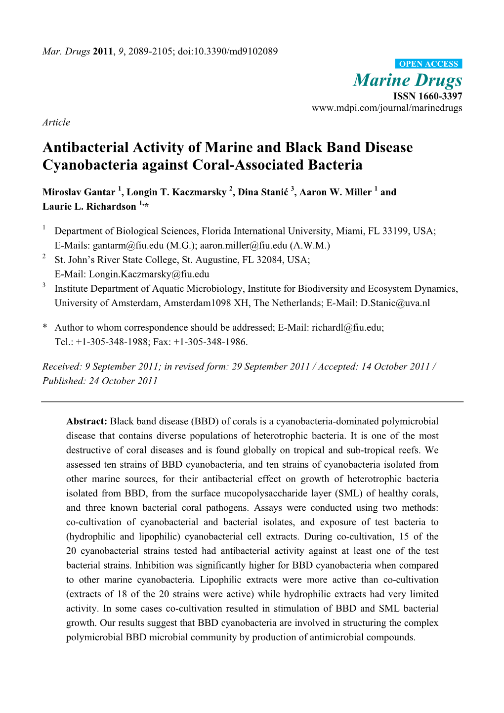 Antibacterial Activity of Marine and Black Band Disease Cyanobacteria Against Coral-Associated Bacteria