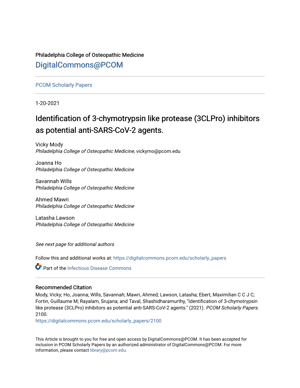 (3Clpro) Inhibitors As Potential Anti-SARS-Cov-2 Agents