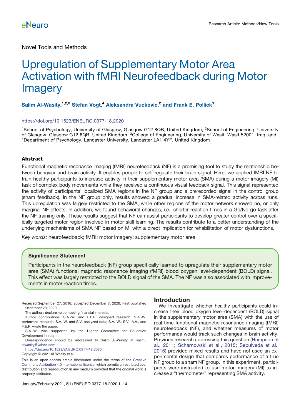 Upregulation of Supplementary Motor Area Activation with Fmri Neurofeedback During Motor Imagery