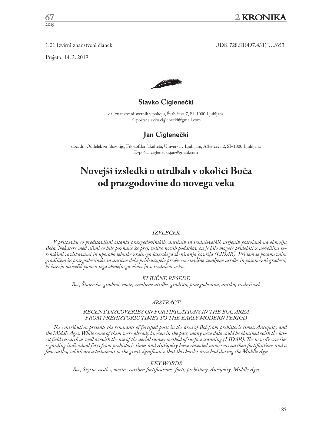 Novejši Izsledki O Utrdbah V Okolici Boča Od Prazgodovine Do Novega Veka, 185–202 2019