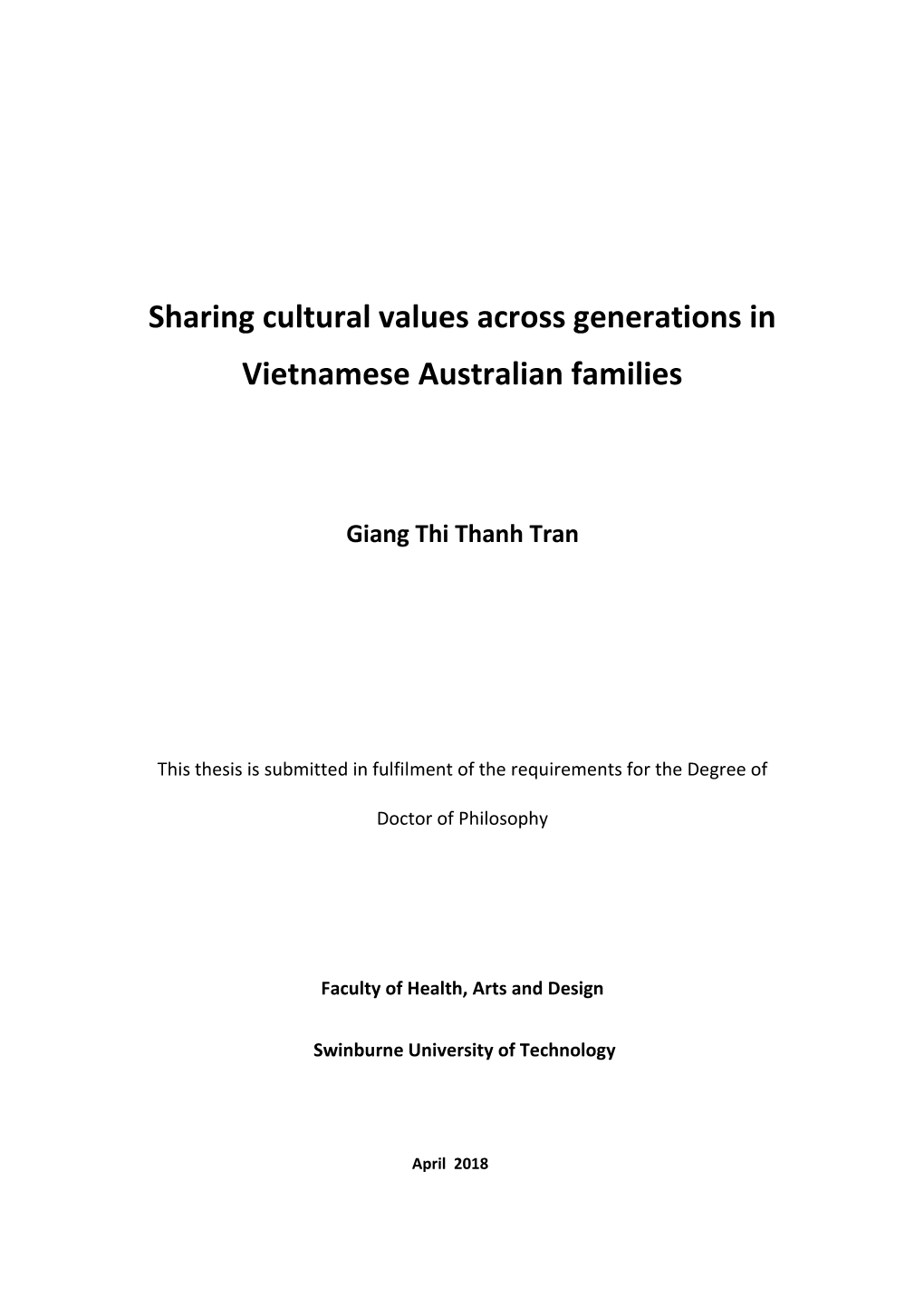 Sharing Cultural Values Across Generations in Vietnamese Australian Families