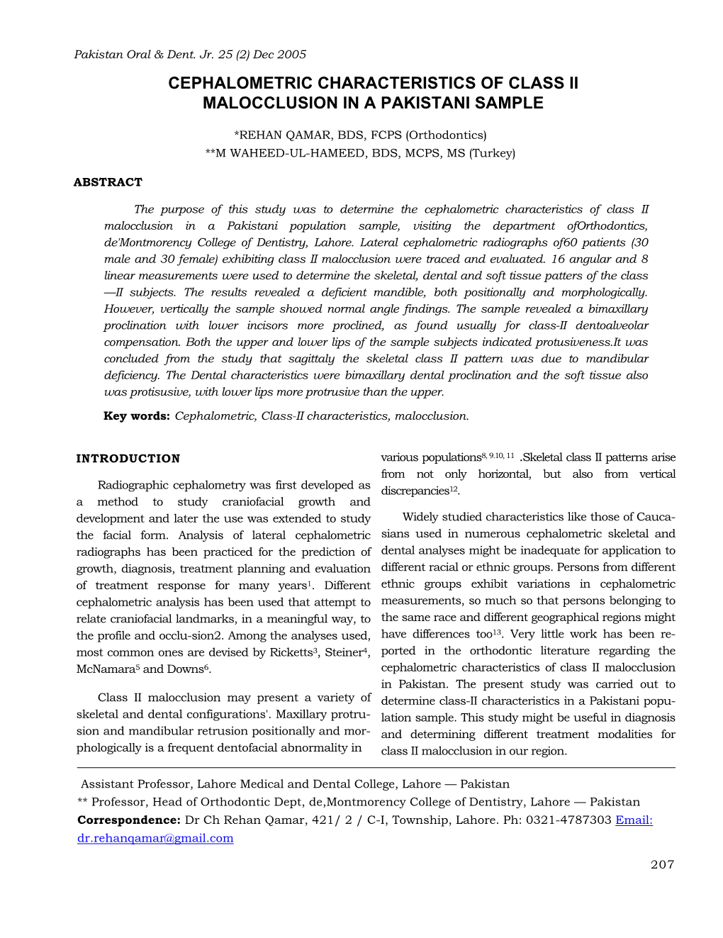 Cephalometric Characteristics of Class Ii Malocclusion in a Pakistani Sample