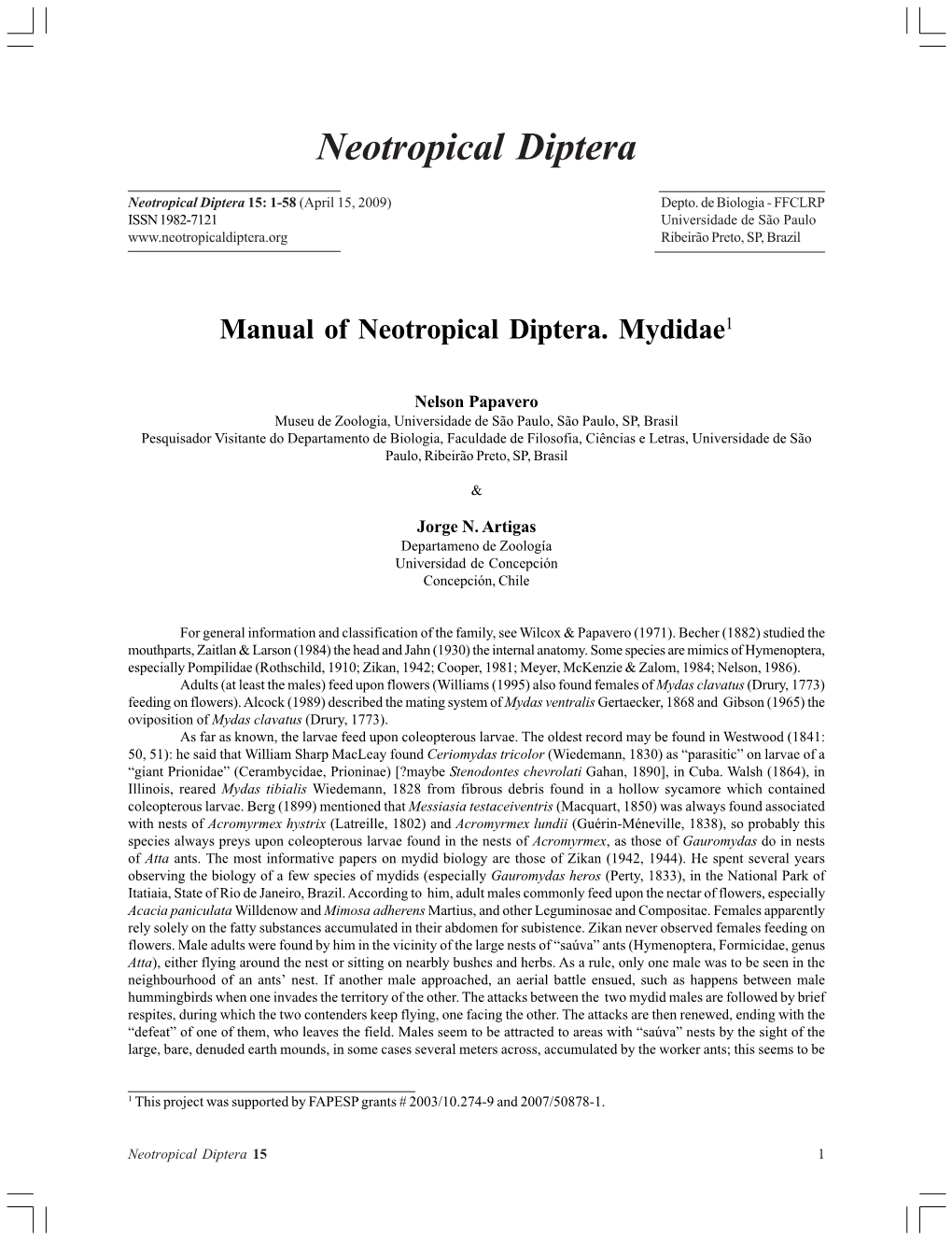 Neotropical Diptera 15: 1-58 (April 15, 2009) Depto