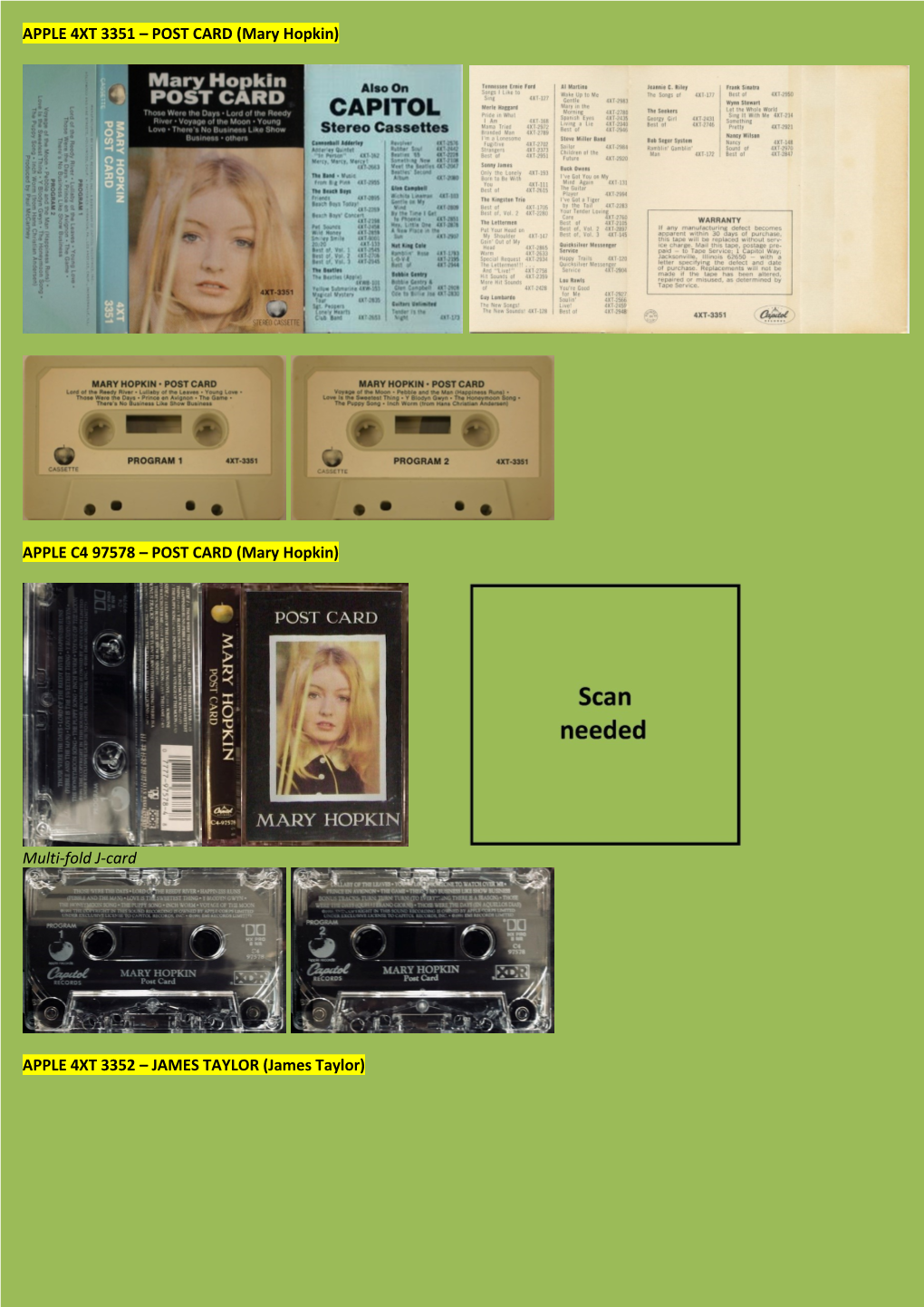 (Mary Hopkin) Multi-Fold J-Card APPLE 4XT 3352 – JAMES TAYLOR