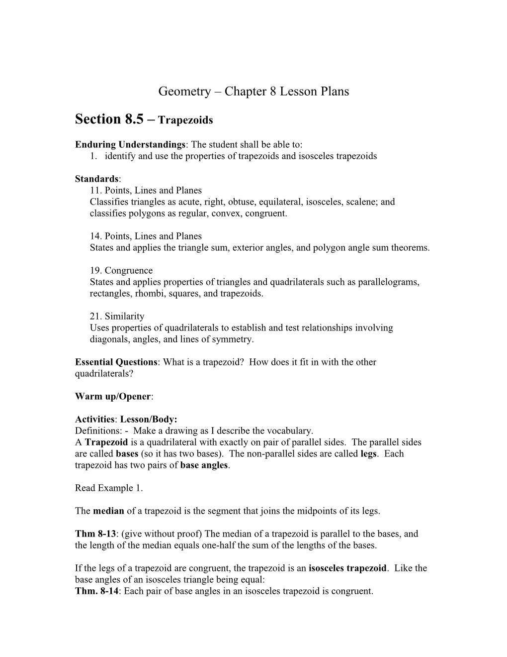 Geometry Chapter 8 Lesson Plans