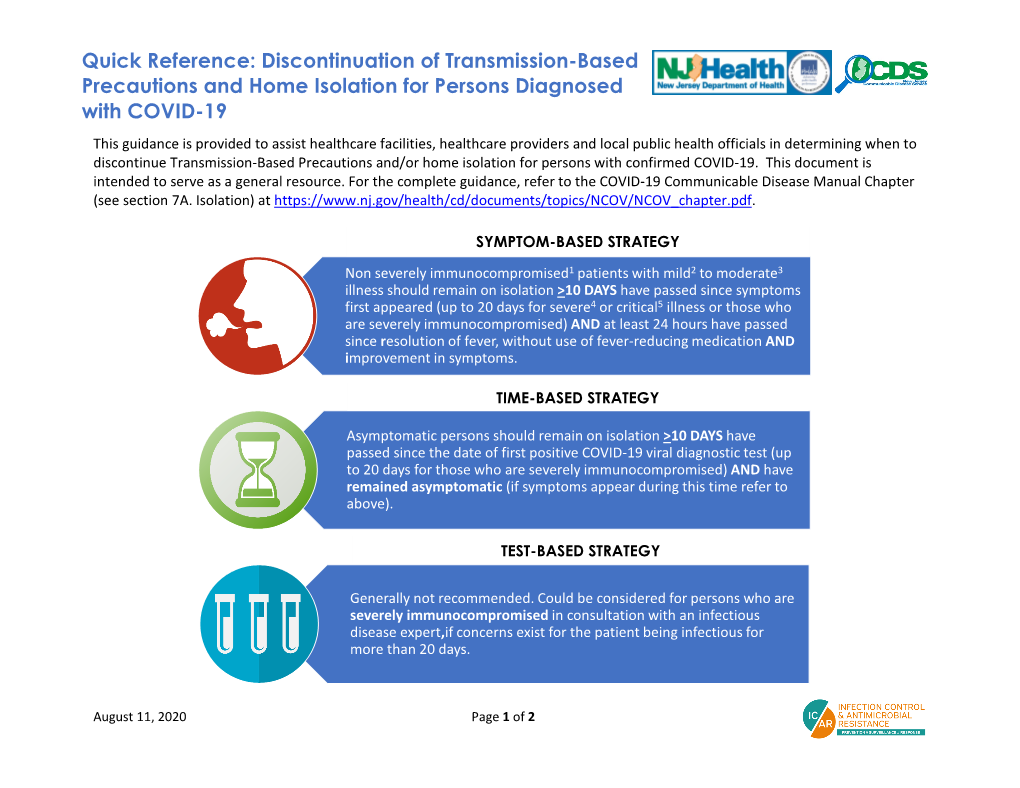 Quick Reference: Discontinuation of Transmission-Based Precautions and Home Isolation for Persons Diagnosed with COVID-19