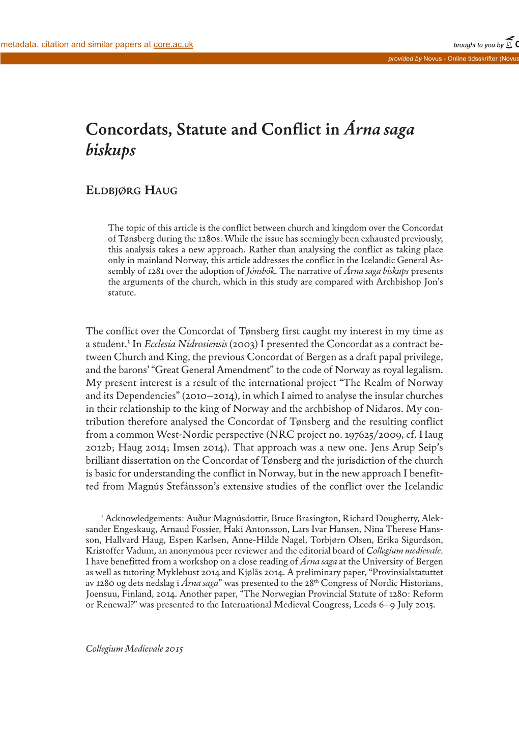 Concordats, Statute and Conflict in Árna Saga Biskups