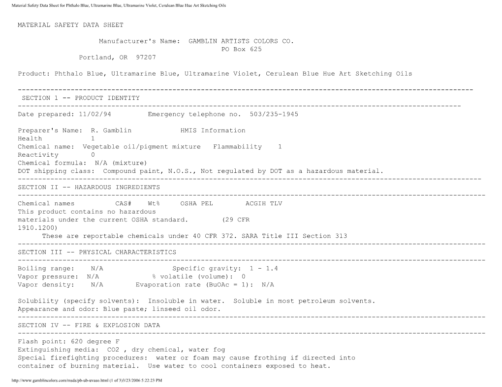 Material Safety Data Sheet for Phthalo Blue, Ultramarine Blue, Ultramarine Violet, Cerulean Blue Hue Art Sketching Oils