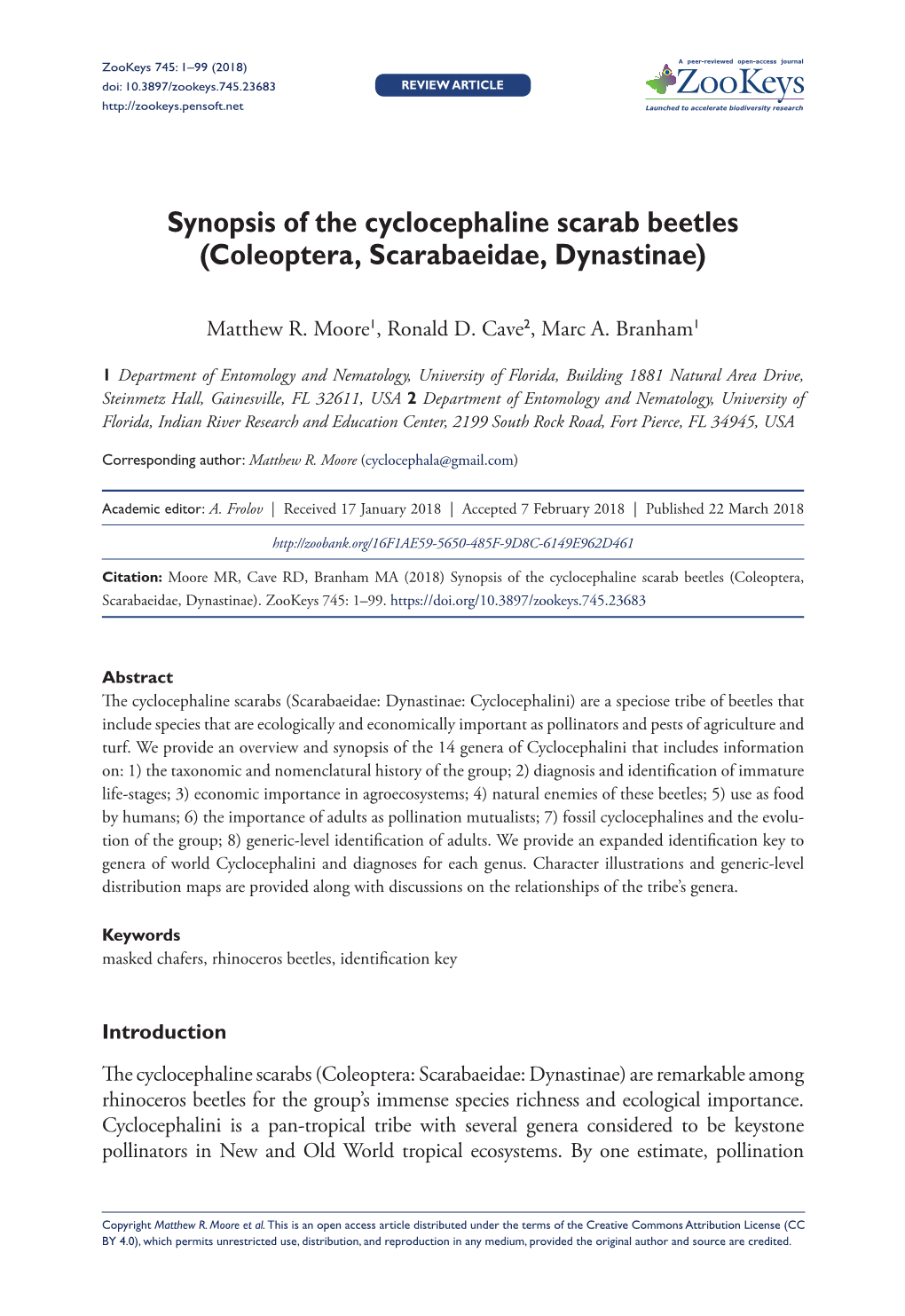 Synopsis of the Cyclocephaline Scarab Beetles (Coleoptera, Scarabaeidae, Dynastinae)
