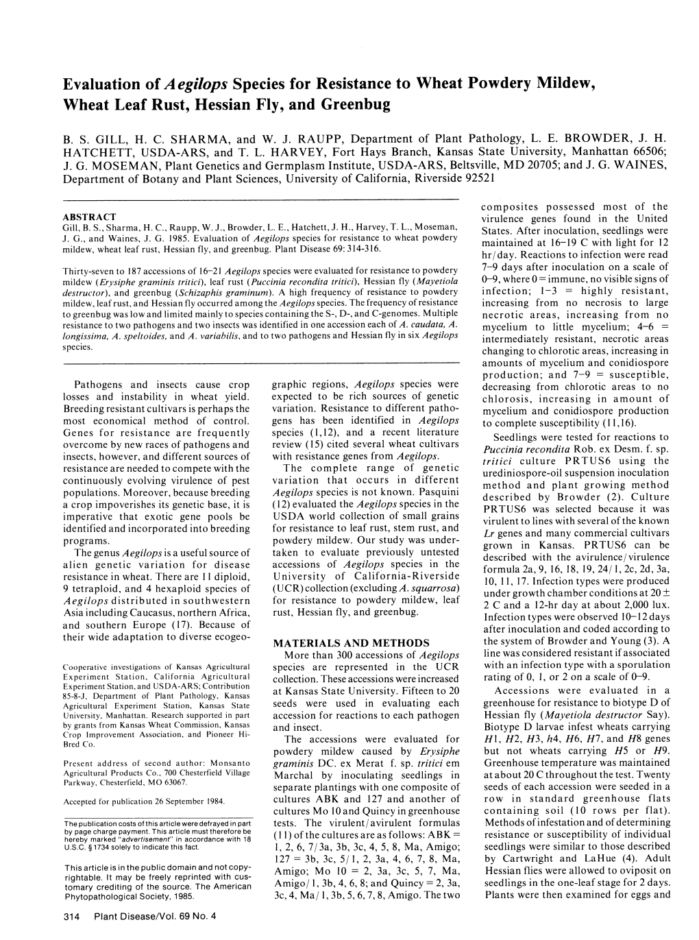 Evaluation of a Egilops Species for Resistance to Wheat Powdery Mildew, Wheat Leaf Rust, Hessian Fly, and Greenbug