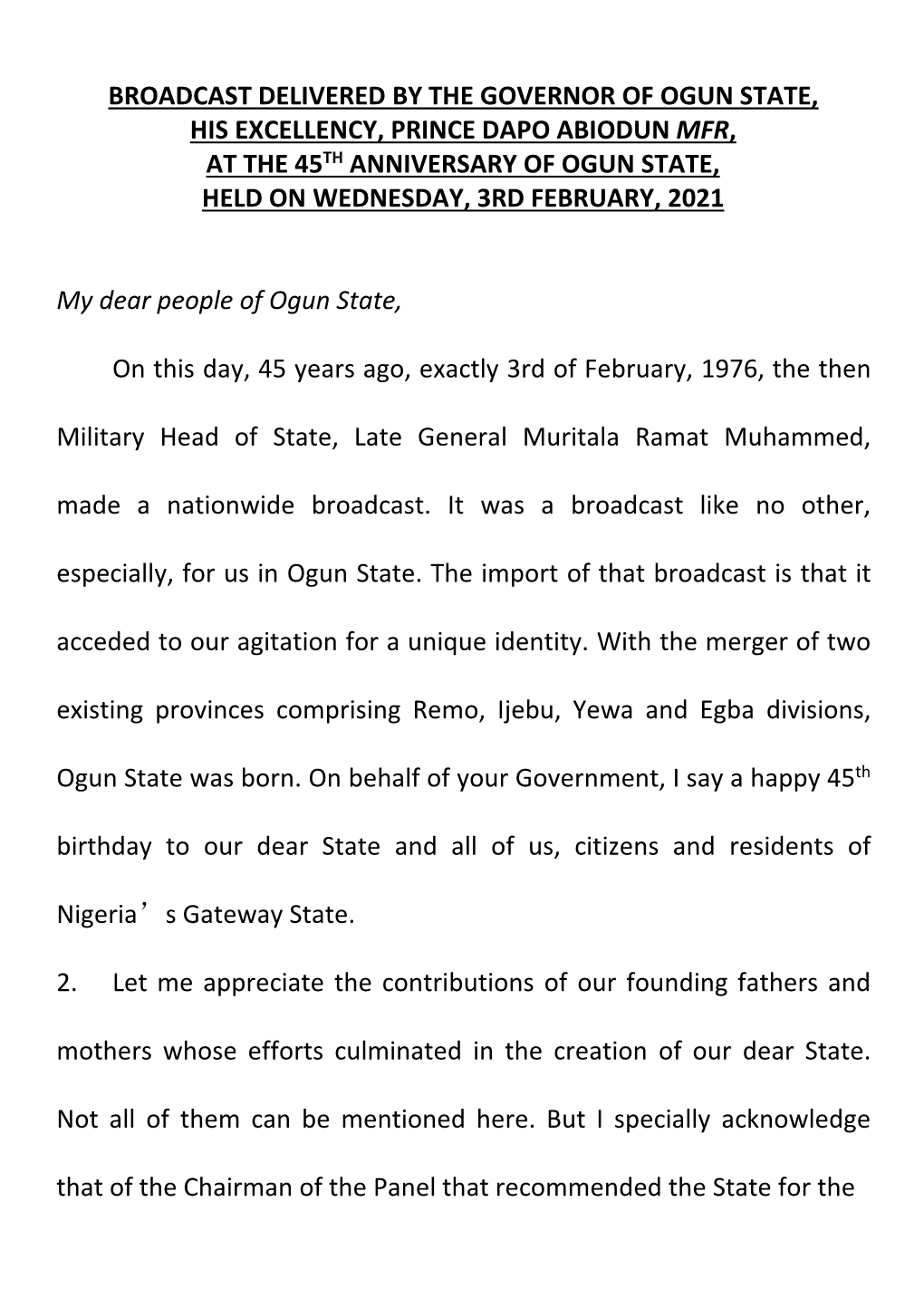 Dapo Abiodun Mfr, at the 45Th Anniversary of Ogun State, Held on Wednesday, 3Rd February, 2021