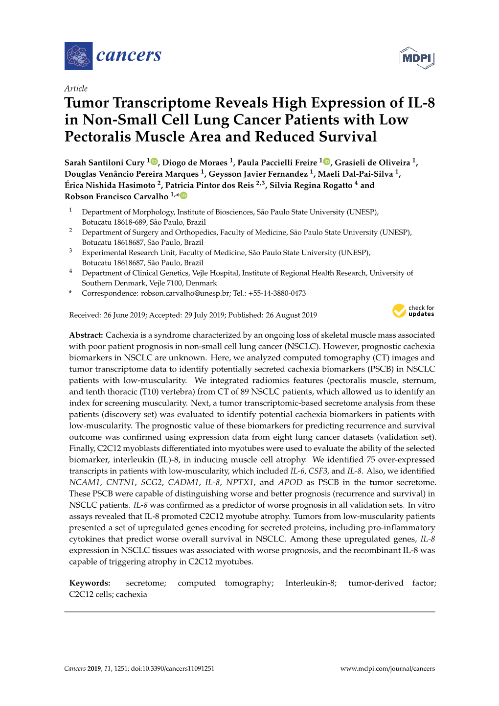 Tumor Transcriptome Reveals High Expression of IL-8 in Non-Small Cell Lung Cancer Patients with Low Pectoralis Muscle Area and Reduced Survival