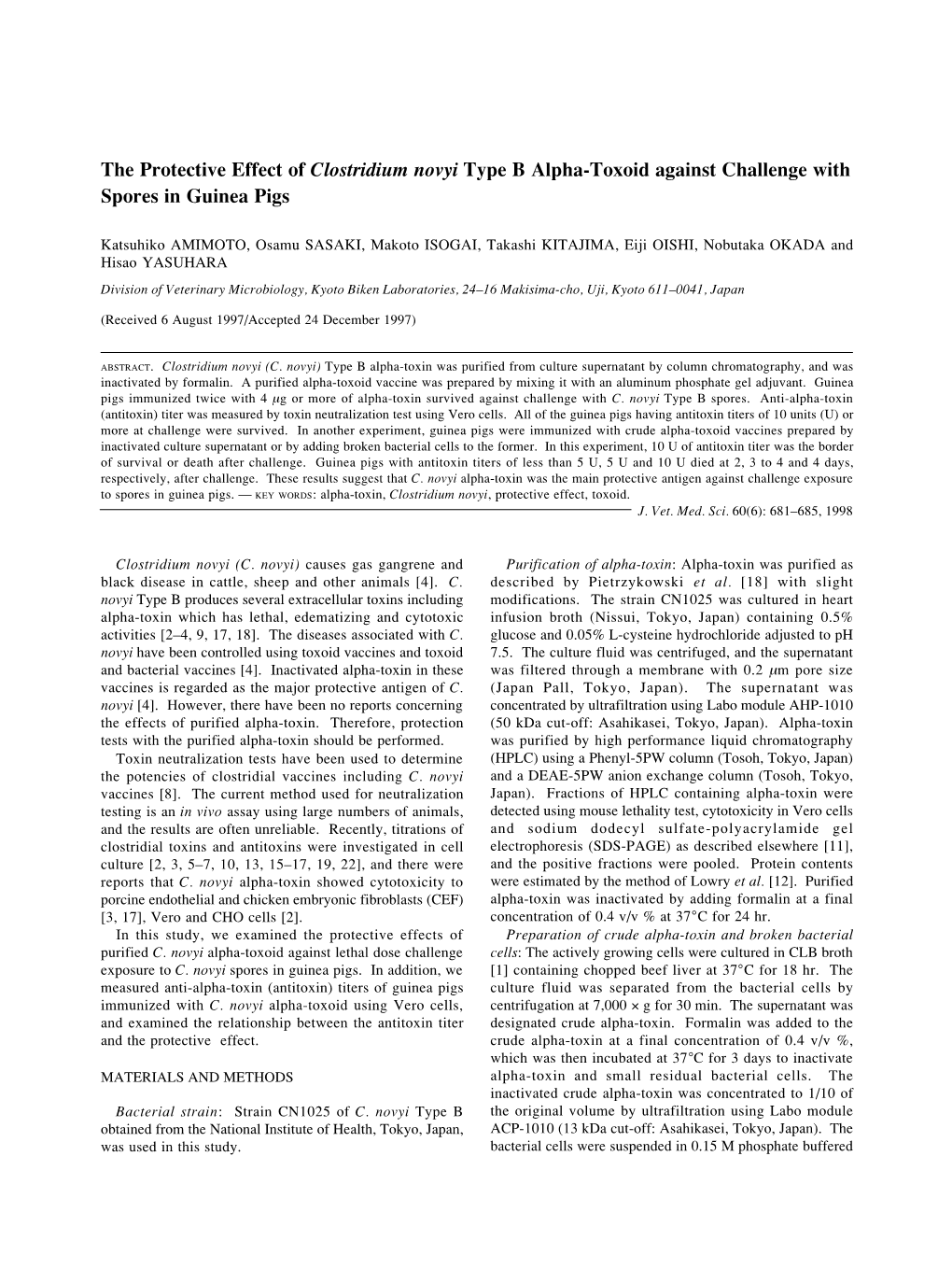 The Protective Effect of Clostridium Novyi Type B Alpha-Toxoid Against Challenge with Spores in Guinea Pigs