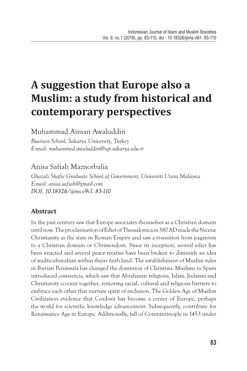 A Suggestion That Europe Also a Muslim: a Study from Historical and Contemporary Perspectives