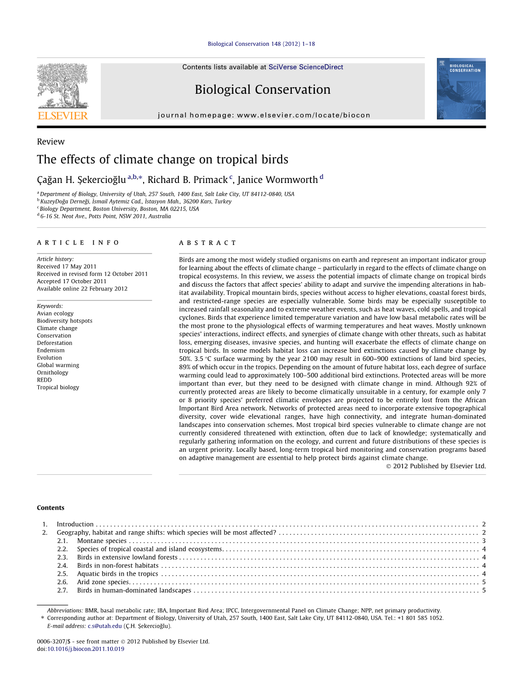 The Effects of Climate Change on Tropical Birds ⇑ Çag˘An H