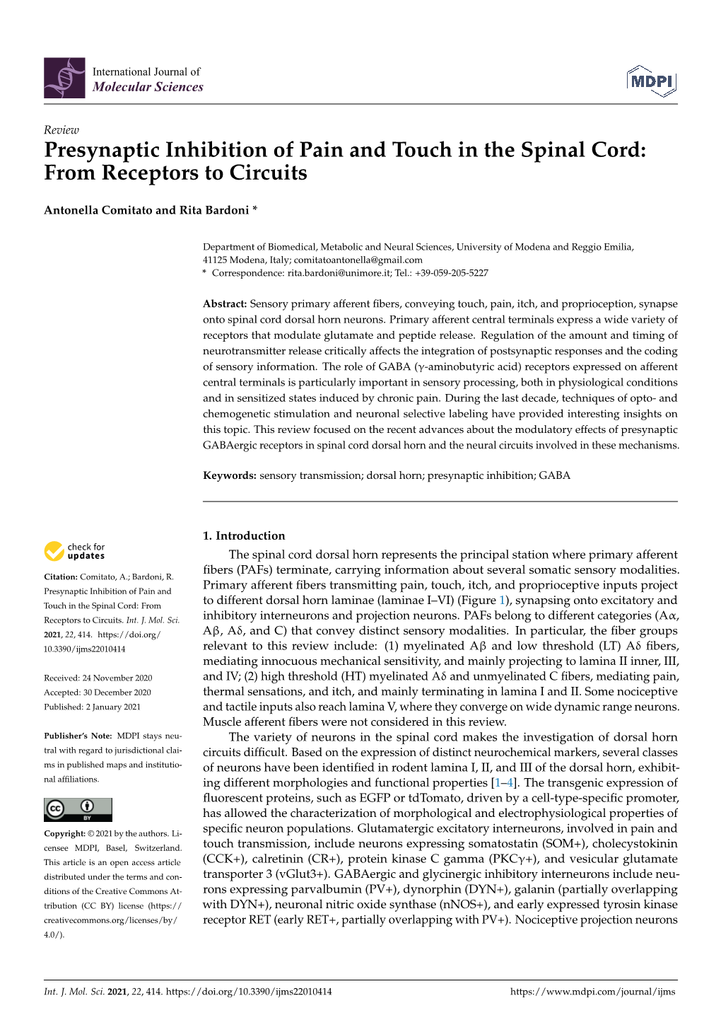 Presynaptic Inhibition of Pain and Touch in the Spinal Cord: from Receptors to Circuits