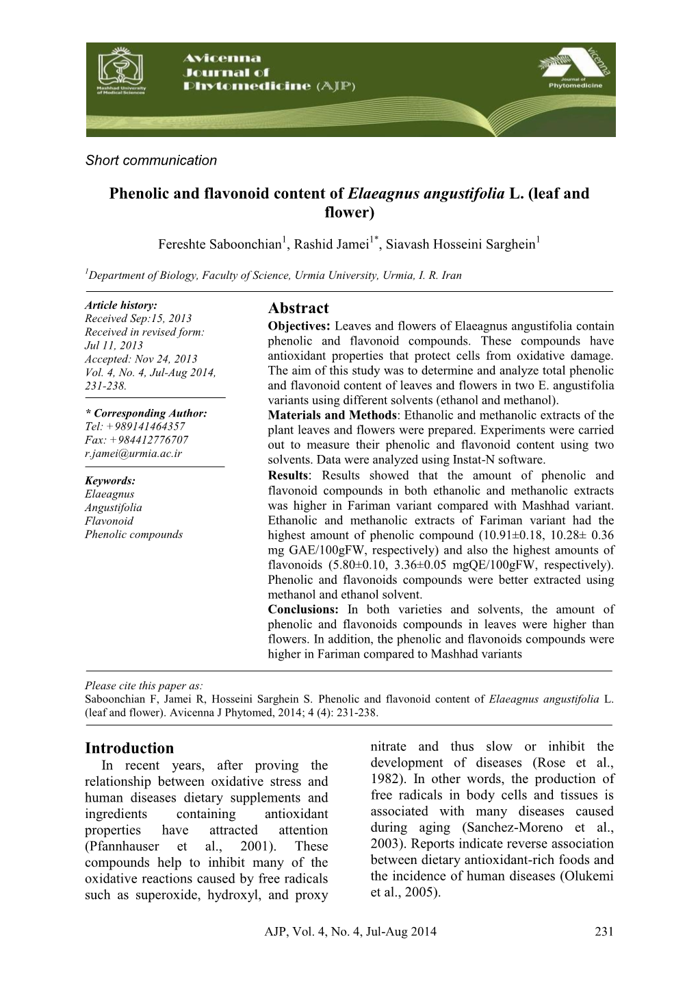 Phenolic and Flavonoid Content of Elaeagnus Angustifolia L. (Leaf and Flower)