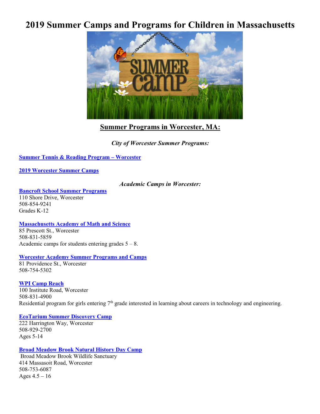 City of Worcester Summer Programs