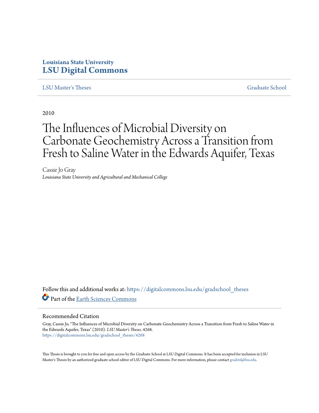 The Influences of Microbial Diversity on Carbonate Geochemistry Across a Transition from Fresh to Saline Water in the Edwards Aquifer, Texas