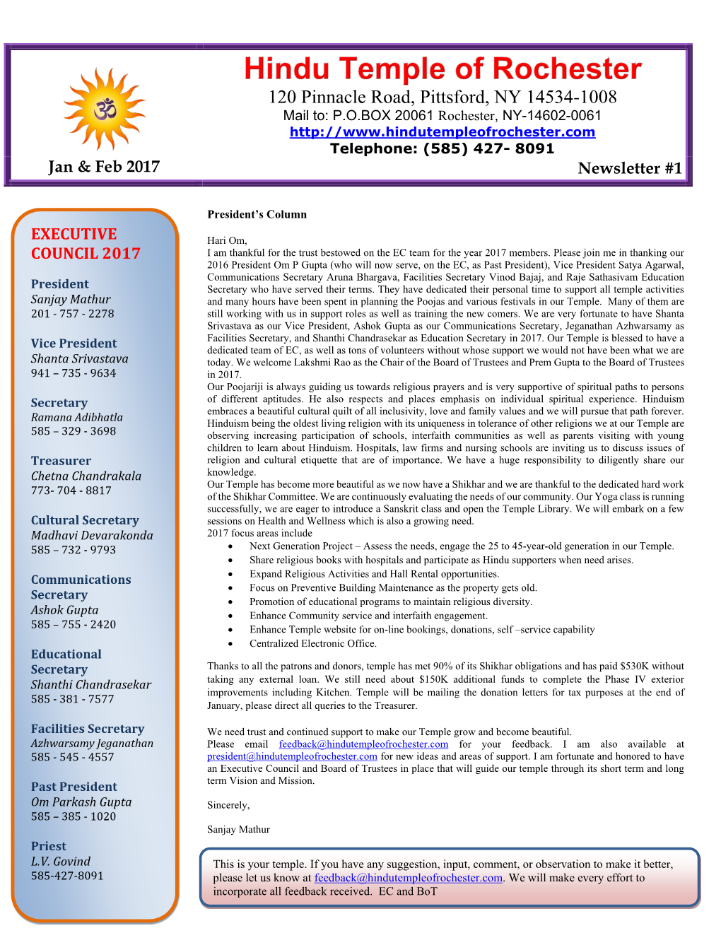 Hindu Temple of Rochester Newsletter