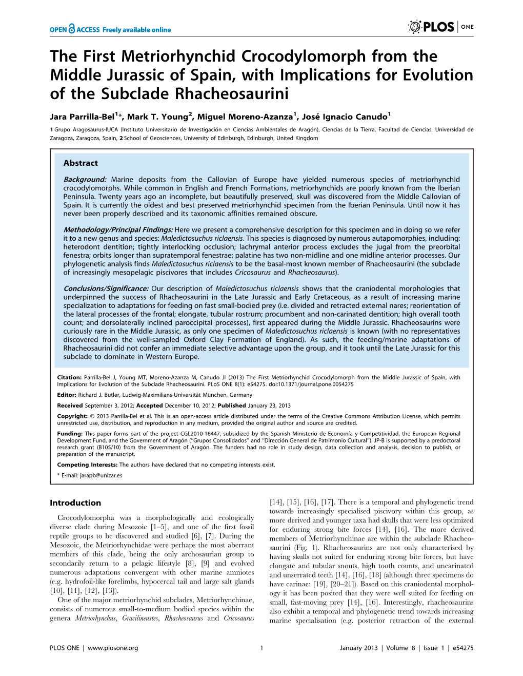 The First Metriorhynchid Crocodylomorph from the Middle Jurassic of Spain, with Implications for Evolution of the Subclade Rhacheosaurini