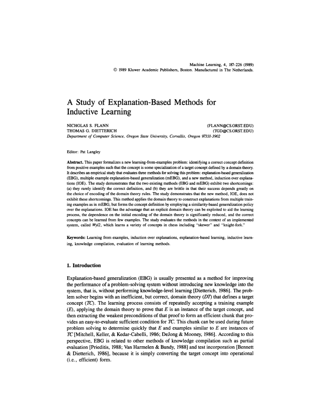 A Study of Explanation-Based Methods for Inductive Learning