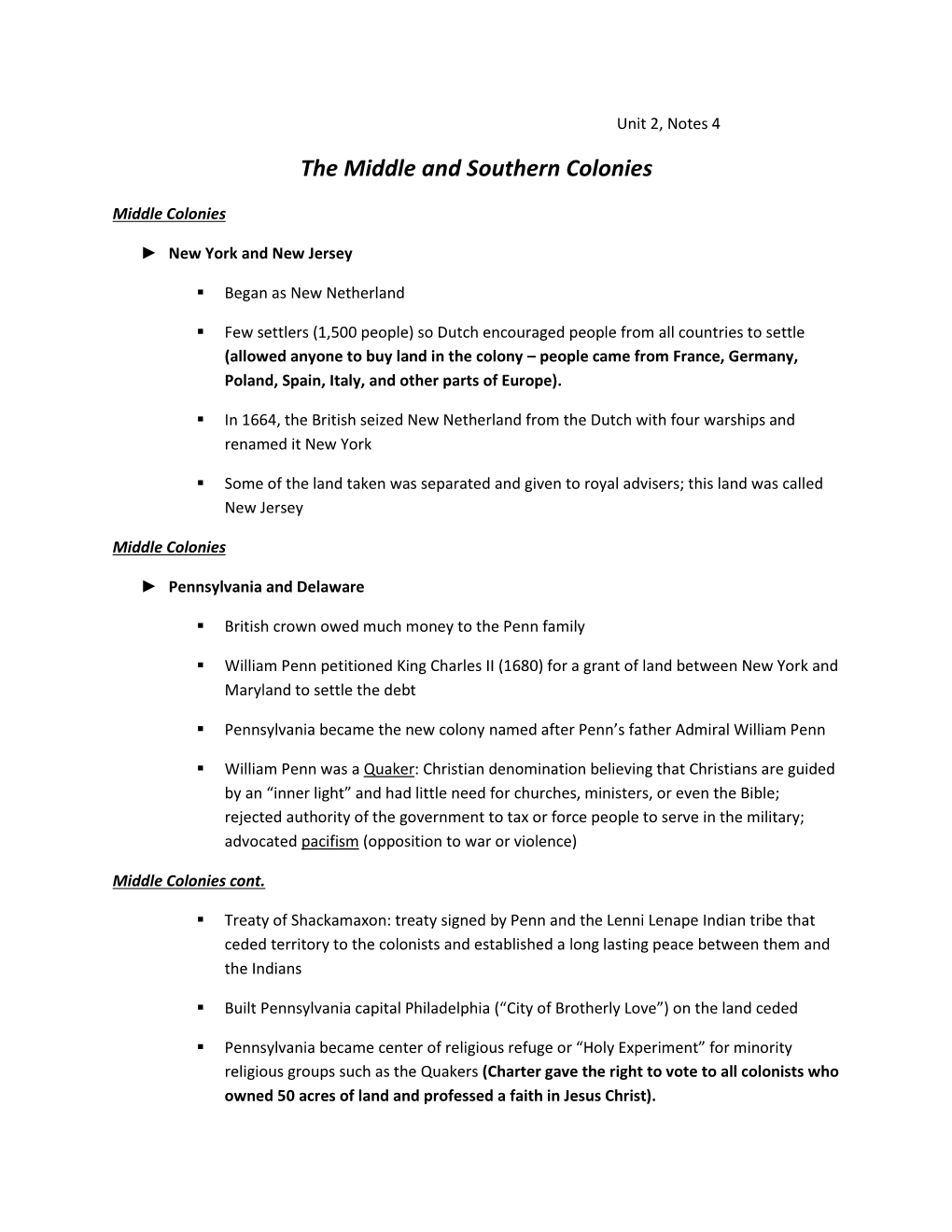 The Middle and Southern Colonies