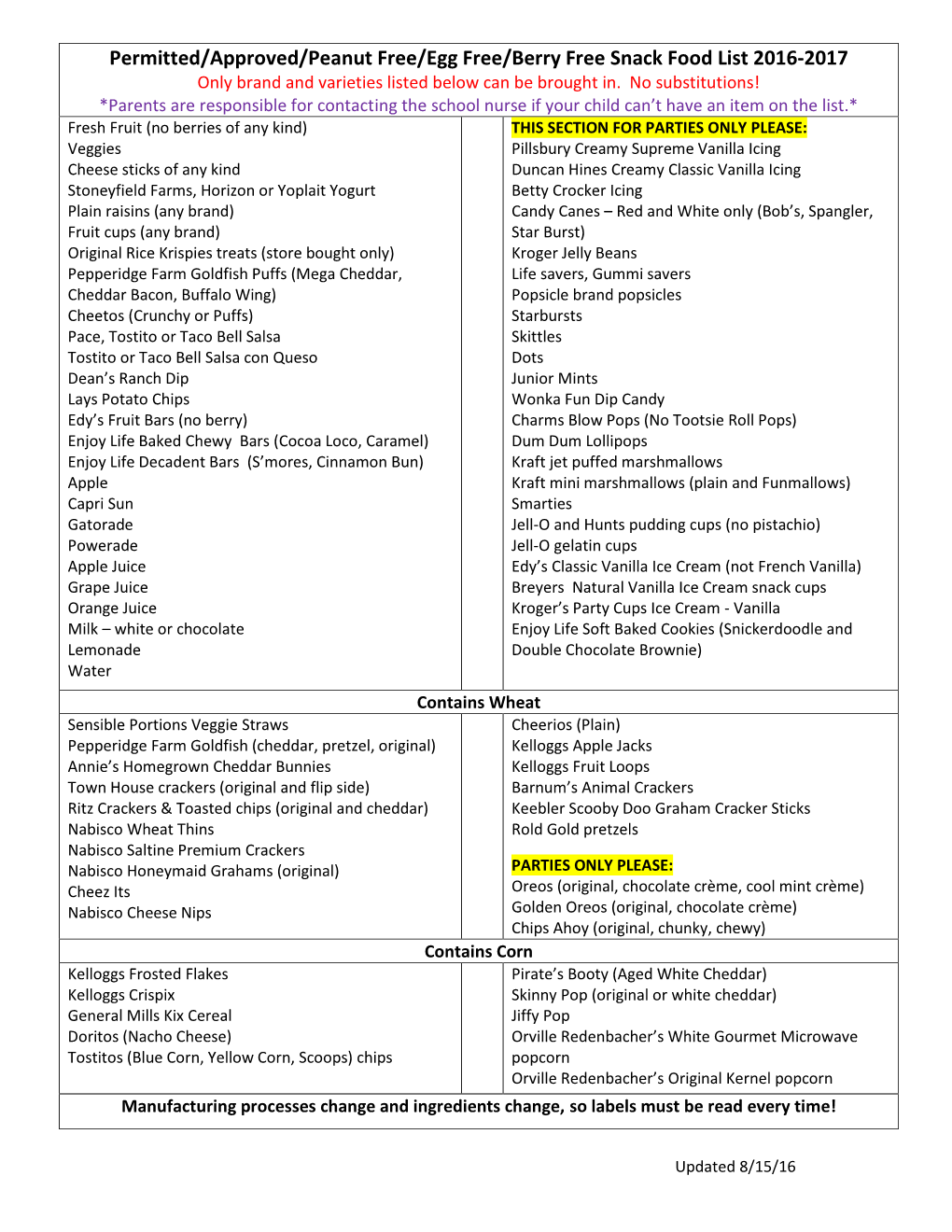 Permitted/Approved/Peanut Free/Egg Free/Berry Free Snack Food List 2016-2017 Only Brand and Varieties Listed Below Can Be Brought In