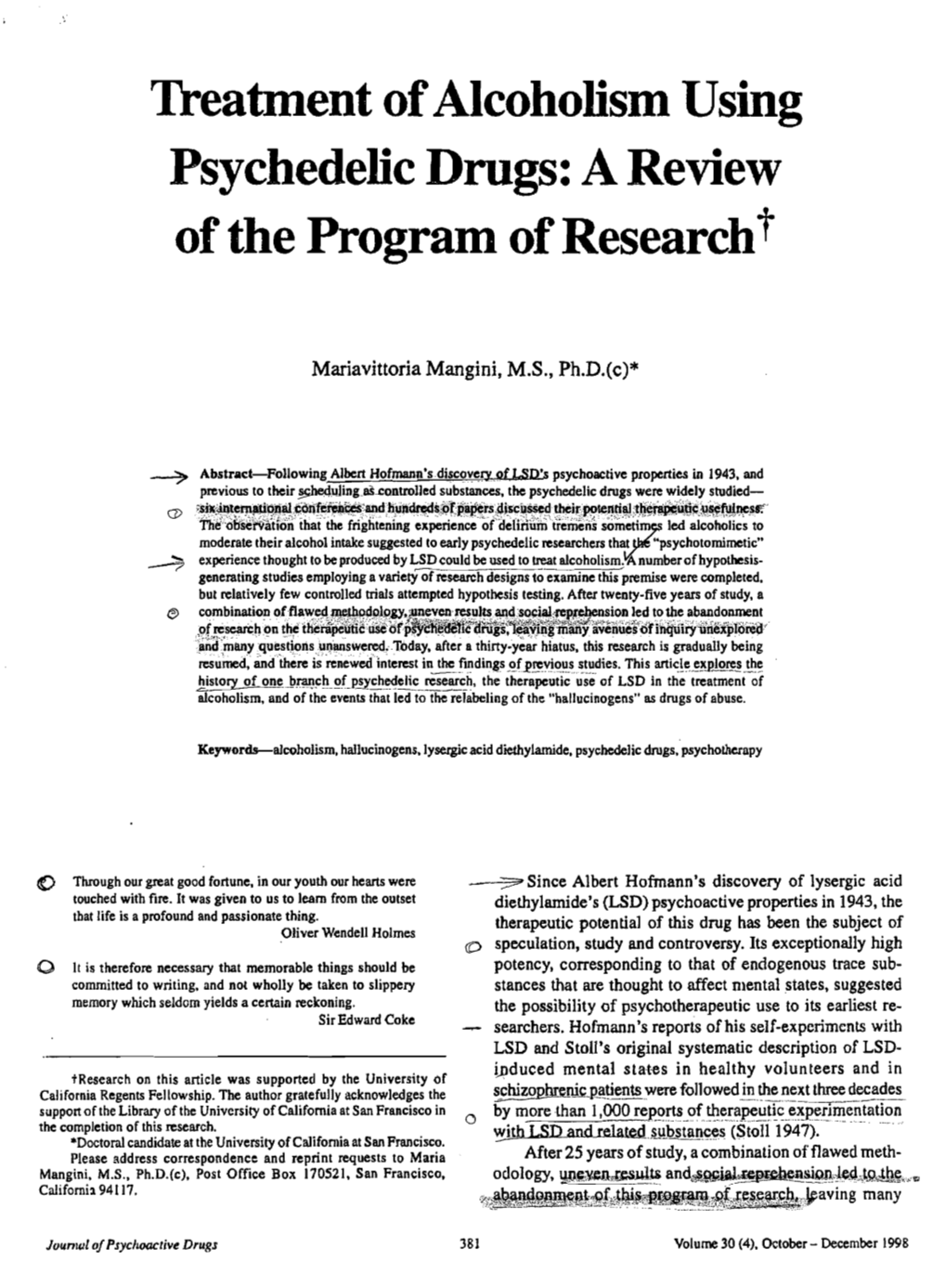 Treatment Ofalcoholism Using Psychedelic Drugs: a Review of the Program of Researcht