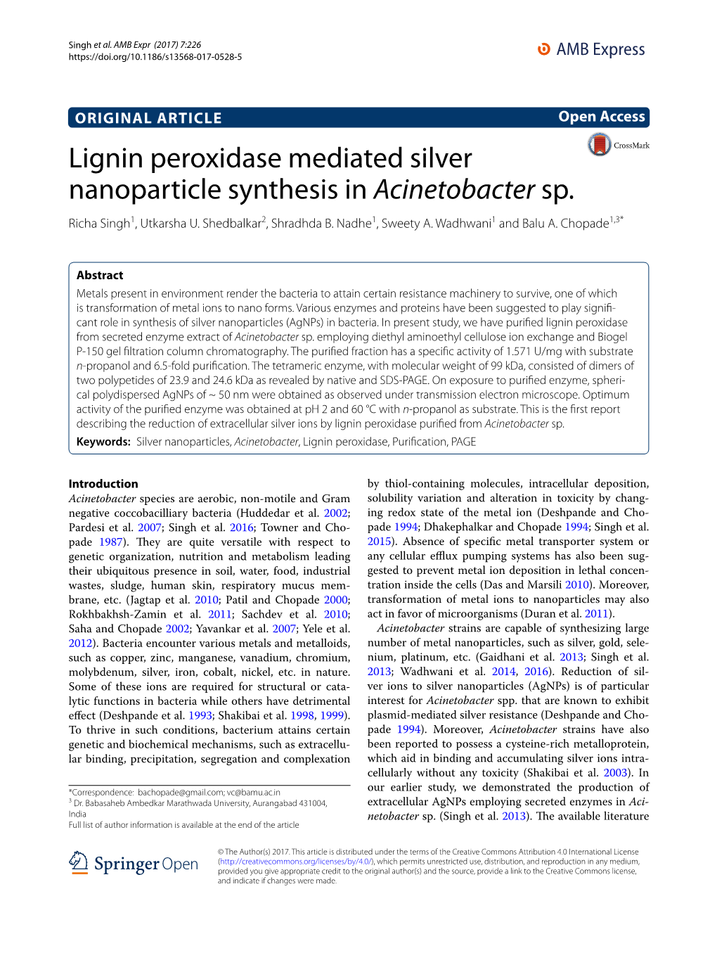Lignin Peroxidase Mediated Silver Nanoparticle Synthesis in Acinetobacter Sp