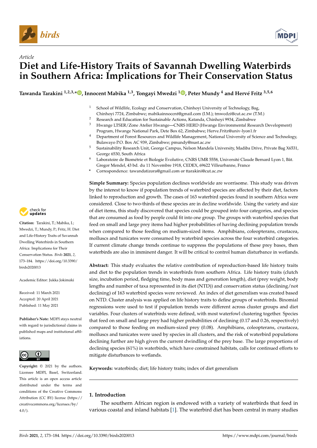 Diet and Life-History Traits of Savannah Dwelling Waterbirds in Southern Africa: Implications for Their Conservation Status