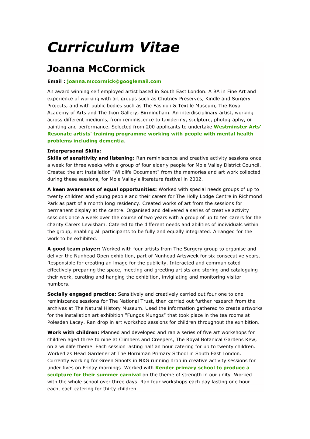 Curriculum Vitae Joanna Mccormick