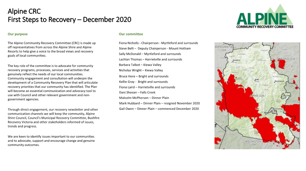 Alpine CRC First Steps to Recovery – December 2020