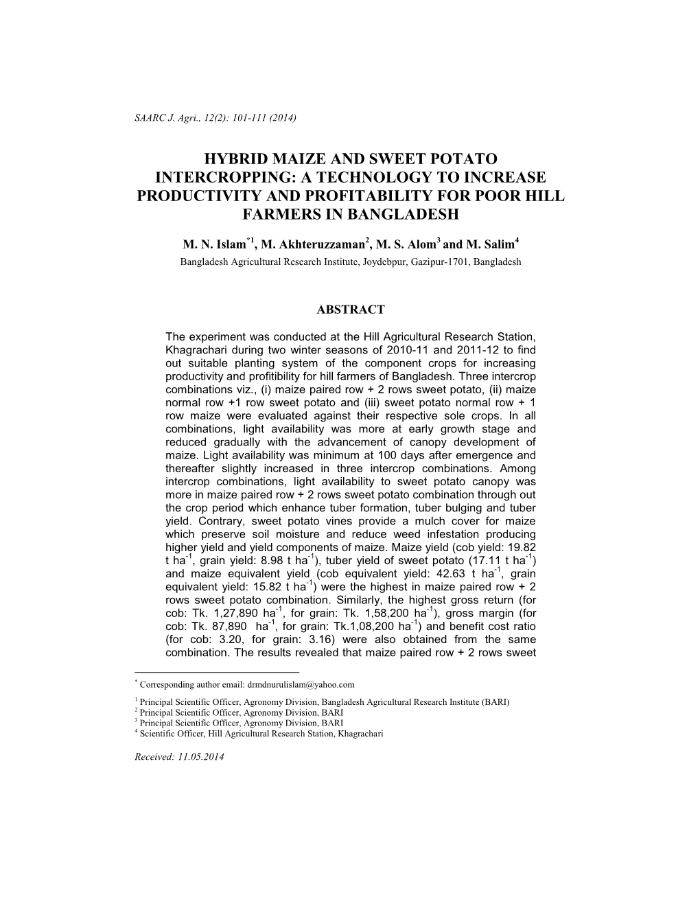 Hybrid Maize and Sweet Potato Intercropping: a Technology to Increase Productivity and Profitability for Poor Hill Farmers in Bangladesh