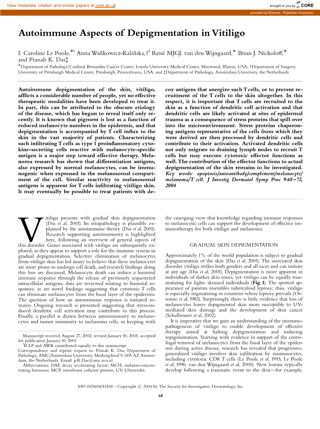 Autoimmune Aspects of Depigmentation in Vitiligo