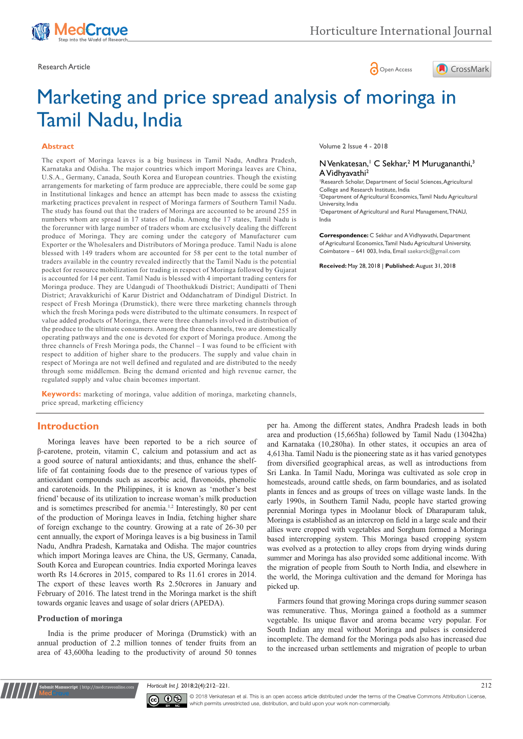 Marketing and Price Spread Analysis of Moringa in Tamil Nadu, India