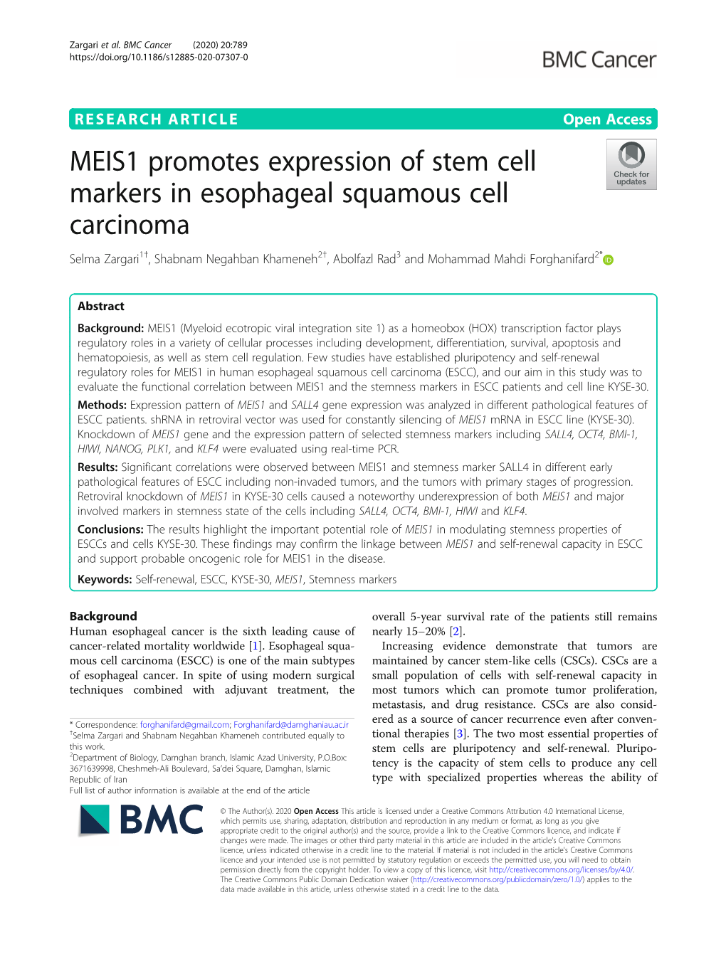 MEIS1 Promotes Expression of Stem Cell Markers in Esophageal