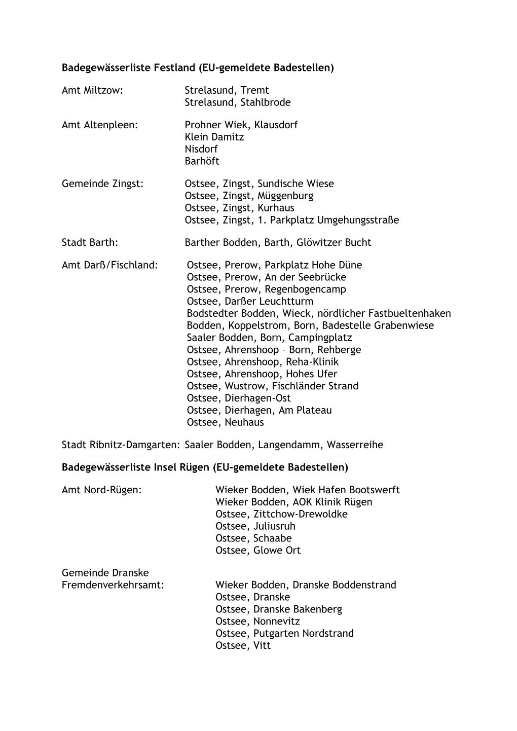 Badegewässerliste Festland (EU-Gemeldete Badestellen) Amt Miltzow: Strelasund, Tremt Strelasund, Stahlbrode Amt Altenpleen: Pr